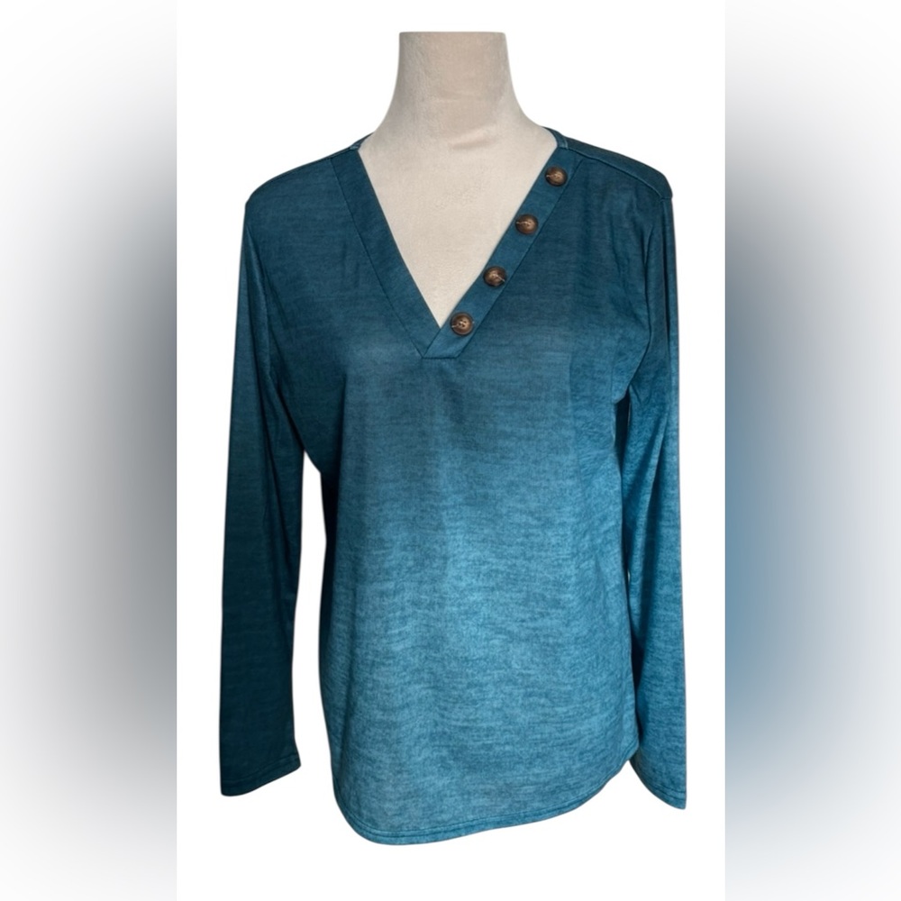 Women’s casual long sleeve V-neck top. Beautiful ombré blue. Size Large.